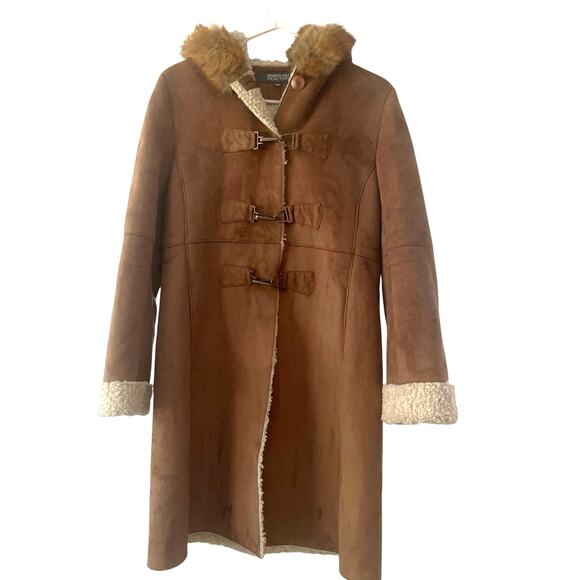 Kenneth Cole Reaction Jackets & Blazers - Kenneth Cole Reaction Faux Suede Shearling Coat Medium Faux Fur Trim Hood Long